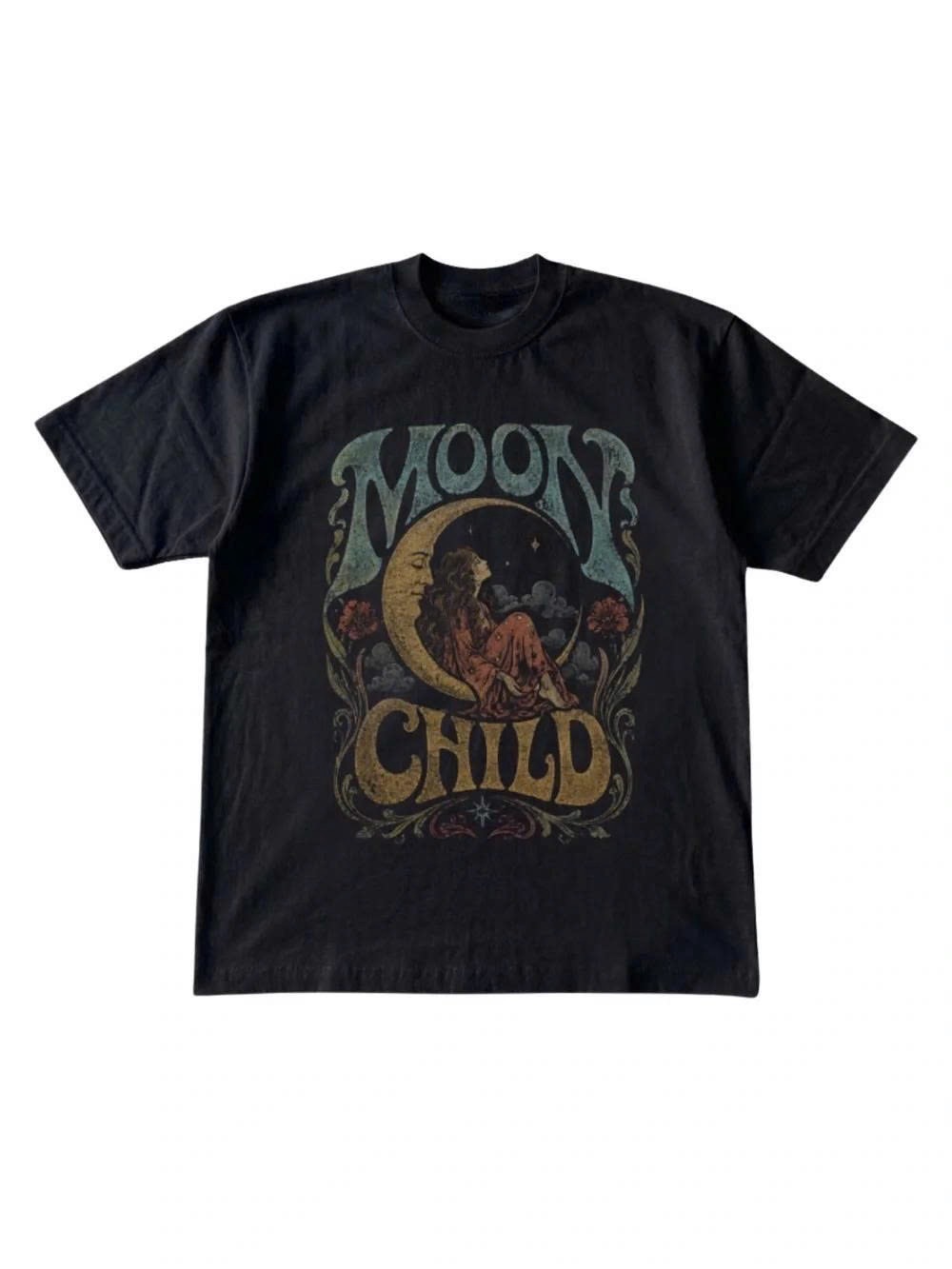 Black 'Moon Child' Graphic Tee with Teal and Gold Print
